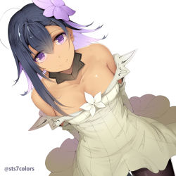 Rule 34 | 1girl, ahoge, arms behind back, bare shoulders, black hair, black pantyhose, braid, breasts, cleavage, closed mouth, collarbone, commentary request, dark-skinned female, dark skin, detached collar, detached sleeves, dress, dutch angle, flower, grey dress, hair flower, hair ornament, long hair, looking at viewer, medium breasts, multicolored hair, off-shoulder dress, off shoulder, original, pantyhose, purple eyes, purple flower, purple hair, simple background, single hair intake, smile, solo, sts, twin braids, twitter username, two-tone hair, white background
