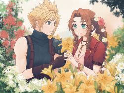 Rule 34 | 1boy, 1girl, aerith gainsborough, armor, bangle, belt, blonde hair, blue eyes, blue shirt, bracelet, braid, braided ponytail, breasts, brown hair, choker, cleavage, cloud strife, couple, cropped jacket, dress, final fantasy, final fantasy vii, final fantasy vii remake, flower, flower choker, foliage, garden, gloves, green eyes, hair flower, hair ornament, hair ribbon, highres, holding, holding flower, jacket, jewelry, leaf, lenak, long hair, looking at another, medium breasts, outdoors, parted bangs, parted lips, pink dress, pink ribbon, red flower, red jacket, ribbon, shirt, short hair, short sleeves, shoulder armor, sidelocks, sleeveless, sleeveless turtleneck, smile, spiked hair, square enix, suspenders, teeth, turtleneck, upper body, wavy hair, white flower, yellow flower