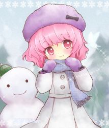 Rule 34 | 1girl, bug, butterfly, chibi, coat, female focus, hat, bug, mittens, pink eyes, pink hair, saigyouji yuyuko, scarf, short hair, smile, snow, snowman, solo, tona (nekotte), touhou, winter clothes, aged down