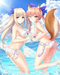 Rule 34 | 10s, 2girls, ;), animal ears, ass, bandeau, bare shoulders, barefoot, bikini, blonde hair, blue bow, blue eyes, blue sky, bow, braid, breasts, carrying, carrying under arm, cleavage, closed mouth, cloud, crossover, day, eyebrows, fate/extra, fate (series), feather hair ornament, feathers, female focus, fox ears, fox tail, from side, hair between eyes, hair bow, hair ornament, halterneck, highres, holding hands, interlocked fingers, large breasts, leg up, lens flare, lexington (warship girls r), long hair, looking at viewer, multiple girls, ocean, official alternate costume, one eye closed, outdoors, pink hair, side-tie bikini bottom, sidelocks, sky, smile, sparkle, standing, string bikini, summer, surfboard, swimsuit, tail, tamamo (fate), tamamo no mae (fate/extra), tamamo no mae (sexy bikini) (fate), tassel, underboob, very long hair, wading, warship girls r, water drop, white bikini, yellow eyes, yuemanhuaikong