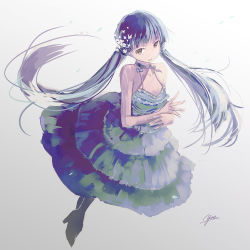 Rule 34 | 10s, 1girl, artist name, bare shoulders, blue hair, bow, brown eyes, choker, collarbone, dress, flower, frills, from above, full body, gradient background, green dress, grey background, hair flower, hair ornament, high heels, idolmaster, idolmaster million live!, kitakami reika, layered dress, long hair, parted lips, signature, sleeveless, sleeveless dress, smile, solo, twintails, very long hair, white flower, yae (mono110)