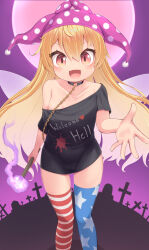 Rule 34 | 1girl, absurdres, alternate costume, asymmetrical legwear, black choker, black shirt, blonde hair, blue thighhighs, bottomless, breasts, chain, choker, clitoris, clothes writing, clownpiece, commentary request, cosplay, fairy wings, fangs, fire, gold chain, halloween, harunoha, hat, hecatia lapislazuli, hecatia lapislazuli (cosplay), highres, holding, holding torch, jester cap, long hair, moon, night, no panties, off-shoulder shirt, off shoulder, outdoors, outstretched hand, petite, polka dot headwear, pom pom (clothes), purple fire, pussy, red eyes, red thighhighs, see-through, shirt, skin fangs, small breasts, solo, star (symbol), star print, striped clothes, striped thighhighs, t-shirt, thighhighs, tombstone, torch, touhou, v-shaped eyebrows, very long hair, wings
