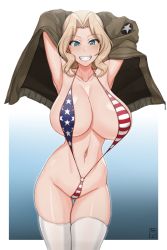 Rule 34 | 10s, 1girl, american flag bikini, armpits, arms behind head, bikini, blonde hair, blue eyes, breasts, brown jacket, cleavage, commentary request, cowboy shot, curvy, flag print, girls und panzer, groin, hair intakes, handplug, highres, huge breasts, jacket, kay (girls und panzer), long hair, long sleeves, looking at viewer, narrow waist, navel, open clothes, open jacket, opened by self, parted lips, print bikini, saunders military uniform, shiny skin, simple background, skindentation, slingshot swimsuit, solo, standing, swimsuit, thighhighs, white background, white thighhighs, wide hips
