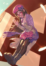 Rule 34 | 1girl, beret, blush, bow, brown hair, fate/grand order, fate (series), glasses, hand on own chest, hat, heroic spirit traveling outfit, long hair, osakabehime (fate), osakabehime (traveling outfit) (fate), pantyhose, purple eyes, rotix, solo, waving, wavy mouth