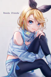 Rule 34 | 1girl, aryuma772, black bow, black hairband, black pantyhose, blonde hair, blue eyes, bow, bow hairband, breasts, cleavage, cleavage cutout, closed mouth, clothing cutout, crop top, grey background, grey nails, hair between eyes, hair bow, hairband, highres, kagamine rin, pantyhose under shorts, long sleeves, looking at viewer, nail polish, panties, pantyhose, pantyshot, short hair, short shorts, shorts, shoulder cutout, sitting, small breasts, smile, solo, sweater, swept bangs, underwear, vocaloid, white shorts, white sweater