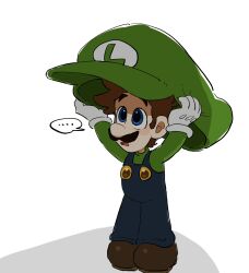 Rule 34 | 1boy, blue eyes, blue overalls, brown hair, facial hair, full body, gloves, green shirt, hat, highres, luigi, male focus, mario (series), mimimi (mimimim9999), mustache, nintendo, open mouth, overalls, shirt, short hair, solo, speech bubble, white gloves