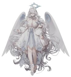Rule 34 | 1girl, breasts, cleavage, dress, frilled dress, frills, grey hair, hair ornament, halo, highres, horns, large breasts, long hair, mechanical halo, mechanical wings, myumyutain, original, puffy sleeves, simple background, very long hair, wings