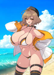 Rule 34 | 1girl, :d, ahoge, alternate costume, anis (nikke), bare shoulders, beach, beret, bikini, black hat, black thighhighs, blue sky, breasts, brown eyes, brown hair, choker, cleavage, collarbone, goddess of victory: nikke, hand on own hip, hat, highres, huge breasts, jacket, multicolored clothes, multicolored jacket, open mouth, orange jacket, poin (hidsuki), short hair, skindentation, sky, smile, solo, stomach, string bikini, swimsuit, thick thighs, thigh strap, thighhighs, thighs, unfinished, white jacket