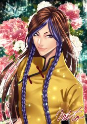 Rule 34 | 1boy, androgynous, artist request, blue eyes, braid, brown hair, long hair, looking at viewer, male focus, red eyes, shion (kof), snk, solo, the king of fighters, trap