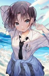 Rule 34 | 1girl, arm behind head, arms up, asakura toru, black necktie, blue jacket, blue sky, breast pocket, breasts, brown hair, clothes around waist, cloud, collarbone, collared shirt, commentary request, day, earrings, grey eyes, grey skirt, highres, idolmaster, idolmaster shiny colors, jacket, jacket around waist, jewelry, kanda done, long sleeves, looking at viewer, necktie, outdoors, parted bangs, pencil, plaid, plaid skirt, pleated skirt, pocket, shirt, short hair, skirt, sky, small breasts, solo, standing, water, white shirt