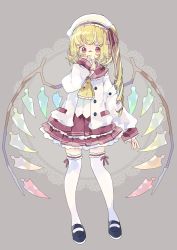 Rule 34 | 1girl, absurdres, adapted costume, black footwear, blonde hair, blood, blood on clothes, blood on hands, blush, commentary request, crystal, doily, flandre scarlet, full body, grey background, hand up, hat, highres, long hair, long sleeves, looking at viewer, nikorashi-ka, pink ribbon, red eyes, red skirt, ribbon, shirt, shoes, side ponytail, skirt, solo, thighhighs, touhou, white hat, white shirt, white thighhighs, yellow neckwear