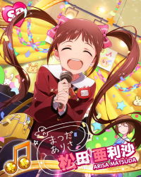 Rule 34 | 10s, 2girls, card (medium), character name, closed eyes, idolmaster, idolmaster million live!, matsuda arisa, multiple girls, music, musical note, official art, open mouth, ribbon, singing, smile, solo focus, twintails