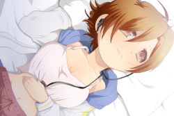 Rule 34 | 1girl, breasts, brown eyes, brown hair, cable divider, cleavage, digital media player, earphones, from above, listening to music, lying, meiko (vocaloid), on back, short hair, smile, solo, vocaloid, we, we53 (wagnar)
