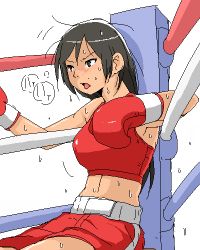 Rule 34 | 1girl, black hair, boxing, boxing gloves, boxing ring, long hair, lowres, midriff, open mouth, playing sports, red theme, shorts, sitting, solo, sports bra, sweat, test (artist), tongue