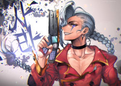 Rule 34 | 1girl, braid, character request, earrings, facial mark, ghost messenger, grin, gun, jewelry, kawacy, sara (ghost messenger), smile, solo, weapon