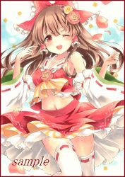 Rule 34 | 1girl, ascot, bad id, bad pixiv id, bare shoulders, bow, breasts, brown hair, colored pencil (medium), detached sleeves, flower, hair bow, hair flower, hair ornament, hair tubes, hakurei reimu, long hair, looking at viewer, marker (medium), medium breasts, midriff, miniskirt, navel, one eye closed, open mouth, petals, potto, potto (minntochan), red bow, red eyes, red flower, red rose, red skirt, ribbon-trimmed legwear, ribbon-trimmed sleeves, ribbon trim, rose, rose petals, sample watermark, sidelocks, skirt, skirt set, solo, thighhighs, touhou, traditional media, very long hair, vest, watermark, wavy hair, white thighhighs
