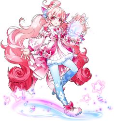 Rule 34 | 1girl, ahoge, artist request, blue pantyhose, brooch, candy, curly hair, dress, elsword, floral print, flower, food, full body, hair ornament, jewelry, laby (elsword), long hair, looking at viewer, magical girl, mirror, nisha (elsword), official art, pantyhose, parted lips, petticoat, pink hair, print pantyhose, radiant soul (elsword), red eyes, shoes, smile, solo, star (symbol), transparent background, twintails, very long hair, white dress, white footwear
