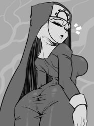Rule 34 | 1girl, ^^^, absurdres, ass, breasts, closed eyes, cowboy shot, double (skullgirls), greyscale, habit, highres, large breasts, looking at viewer, looking back, monochrome, nun, open mouth, painting fish, skullgirls, solo