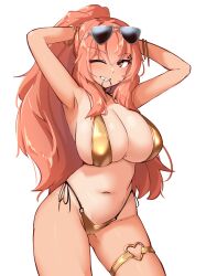 Rule 34 | 1girl, bikini, bracelet, breaaad, breasts, cleavage, commentary, eyewear on head, hair tie in mouth, heart o-ring, highres, jewelry, korean commentary, large breasts, last origin, long hair, looking at viewer, mole, mole on breast, mouth hold, navel, one eye closed, pink eyes, pink hair, ponytail, simple background, solo, spriggan (last origin), sunglasses, swimsuit, tan, tanline, thigh strap, tying hair, white background, yellow bikini