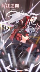 Rule 34 | 1girl, artist name, bandaged leg, bandages, black jacket, black thighhighs, breasts, cleavage, edge edge, hair ornament, headgear, headphones, highres, holding, holding sword, holding weapon, jacket, long hair, lucia: crimson abyss (punishing: gray raven), mechanical arms, medium breasts, open mouth, prosthesis, prosthetic arm, punishing: gray raven, red eyes, red scarf, scarf, sword, thighhighs, torn clothes, torn jacket, translation request, weapon, white hair