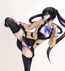 Rule 34 | 1girl, aira (qwedcxza49), black hair, black skirt, black thighhighs, blazer, blue bow, blue bowtie, bow, bowtie, brown eyes, clenched hands, clothes lift, collared shirt, dress shirt, floating hair, gradient background, grey background, hair between eyes, high kick, jacket, kicking, leg up, long hair, long sleeves, miniskirt, open clothes, open jacket, open mouth, ore twintail ni narimasu, panties, pleated skirt, school uniform, shirt, skirt, skirt lift, solo, standing, standing on one leg, thighhighs, tsube aika, twintails, underwear, very long hair, white background, white panties, white shirt, wing collar, yellow jacket
