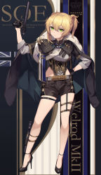 Rule 34 | 1girl, alternate costume, ankle holster, arm up, belt, black footwear, black gloves, black legwear, black shorts, blonde hair, blush, bolt action, braid, breasts, cape, character name, closed mouth, corset, earrings, eruthika, full body, girls&#039; frontline, gloves, green eyes, gun, hair between eyes, half gloves, hand on own hip, hand up, handgun, head tilt, high heels, highres, holding, holster, holstered, integral suppressor, integrally-suppressed firearm, jacket, jewelry, long sleeves, looking at viewer, manual firearm, medal, medium breasts, pistol, shirt, short hair, shorts, sidelocks, skindentation, sleeves rolled up, smoke, solo, standing, stomach, strap, sunglasses, suppressor, thigh holster, thigh strap, thighs, tsurime, union jack, weapon, welrod, welrod, welrod mk ii, welrod mkii (girls&#039; frontline), white shirt