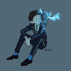 1boy black_hair blue_fire breath_weapon breathing_fire commentary_request creature creature_on_shoulder fire full_body grey_background grim_(twisted_wonderland) knees_up male_focus night_raven_college_uniform on_shoulder school_uniform short_hair simple_background sitting smile solo sukuyo_onaka twisted_wonderland very_short_hair yuu_(twisted_wonderland)