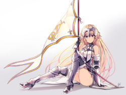 Rule 34 | 1girl, armor, bad id, bad pixiv id, black gloves, blonde hair, blue eyes, closed mouth, dduck kong, fate/apocrypha, fate (series), flag, full body, gloves, gradient background, grey background, headpiece, highres, jeanne d&#039;arc (fate), jeanne d&#039;arc (ruler) (fate), jeanne d&#039;arc (third ascension) (fate), long hair, looking at viewer, signature, sitting, smile, solo