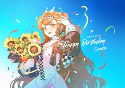 Rule 34 | blue background, bouquet, checkered hairband, crown, dress, flower, gloves, happy birthday, holding, holding bouquet, long hair, long sleeves, orange hair, reverse:1999, sonetto (reverse:1999), sunflower, two side up, white dress, white gloves, xunyu (manyu), yellow eyes