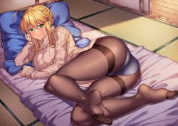 Rule 34 | 1girl, ahoge, alternate costume, artoria pendragon (fate), artoria pendragon (lancer) (fate), blonde hair, braid, breasts, brown pantyhose, casual, commentary request, contemporary, cushion, elbow rest, fate/grand order, fate (series), french braid, full body, futon, green eyes, hair between eyes, half-closed eyes, highres, indoors, large breasts, long sleeves, looking at viewer, lying, on side, open door, panties, panties under pantyhose, pantyhose, pink lips, ribbed sweater, shirokuma a, sidelocks, skindentation, sliding doors, smile, soles, solo, sunlight, sweater, tatami, thighband pantyhose, toes, turtleneck, turtleneck sweater, underwear, wooden floor