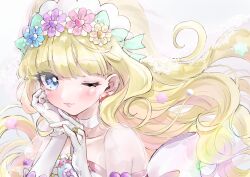Rule 34 | 1girl, blonde hair, blue eyes, blunt bangs, blush, bridal veil, choker, cure finale, cure finale (party up style), delicious party precure, duko, earrings, gloves, high ponytail, highres, jewelry, long hair, magical girl, one eye closed, precure, ring, smile, solo, veil, white choker, white gloves, wide ponytail
