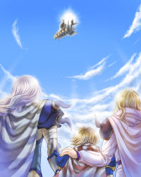 Rule 34 | 1990s (style), 1girl, 2boys, age difference, armor, blonde hair, cape, cecil harvey, ceodore harvey, cloud, family, father and son, final fantasy, final fantasy iv, final fantasy iv: the after years, husband and wife, long hair, mother and son, multiple boys, robe, rosa farrell, short hair, shoulder pads, silver hair, sky, yan kirihara, yank