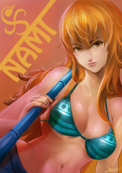 Rule 34 | artist name, bikini, bikini top only, breasts, character name, cleavage, highres, johnson zhuang, long hair, looking at viewer, nami (one piece), navel, one piece, orange eyes, orange hair, signature, swimsuit