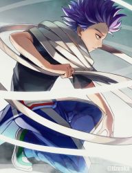 Rule 34 | 1boy, arm on knee, bags under eyes, black shirt, boku no hero academia, from side, green footwear, gym uniform, haze, holding, holding weapon, jumpsuit, jumpsuit around waist, looking ahead, male focus, messy hair, purple eyes, purple hair, scarf, serious, shadow, shinsou hitoshi, shirt, shoes, short hair, short sleeves, sneakers, solo, spiked hair, squatting, strap, t-shirt, tonbanlove, twitter username, u.a. gym uniform, weapon