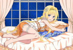 Rule 34 | 1girl, alice zuberg, ass, barefoot, blue eyes, blush, bow, breasts, commentary request, curtains, damascus (dearigazu2001), dress, flower, hair flower, hair ornament, highres, knees, long hair, looking at viewer, lying, medium breasts, nightgown, hugging object, off-shoulder dress, off shoulder, on bed, open mouth, pillow, short shorts, shorts, shorts under dress, solo, star (sky), sword art online, sword art online: alicization, thighs, very long hair
