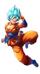 Rule 34 | 1boy, absurdres, arm up, belt, blue belt, blue eyes, blue footwear, blue hair, c.parfait, closed mouth, dougi, dragon ball, dragonball z, full body, highres, looking at viewer, male focus, martial arts belt, muscular, muscular male, pectoral cleavage, pectorals, short hair, simple background, smile, solo, son goku, spiked hair, super saiyan, super saiyan blue, white background
