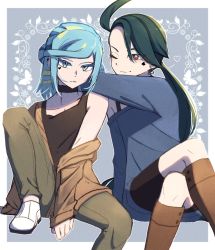 Rule 34 | 1boy, 1girl, ahoge, alternate costume, boots, border, brown footwear, brown jacket, brown shirt, choker, closed mouth, commentary request, creatures (company), game freak, green hair, green pants, grey background, grusha (pokemon), highres, jacket, knees, long hair, looking at viewer, mocacoffee 1001, nintendo, off-shoulder sweater, off shoulder, one eye closed, pants, pokemon, pokemon sv, ponytail, rika (pokemon), shirt, shoes, sleeveless, sleeveless shirt, smile, sweater, tank top, white border, white footwear
