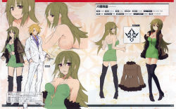 Rule 34 | 1girl, absurdres, artbook, back, bare shoulders, blonde hair, breasts, character name, character profile, character sheet, cleavage, coat, dress, expressions, fate/apocrypha, fate (series), formal, green dress, green hair, high heels, highres, jewelry, konoe ototsugu, large breasts, long hair, looking at viewer, magazine scan, multiple views, necklace, no bra, nude, official art, open clothes, open shirt, purple eyes, rikudou reika, scan, sideboob, smile, suit, thighhighs, topless, turnaround