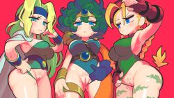 Rule 34 | 3girls, bare legs, belt, beret, blonde hair, blue eyes, blush, bracer, braid, breasts, cammy white, capcom, cape, celes chere, cleavage, cleft of venus, clothing aside, covered erect nipples, crossover, curvy, dragon quest, dragon quest iv, embarrassed, final fantasy, final fantasy vi, fingerless gloves, gashi-gashi, gloves, green eyes, green hair, green leotard, hat, headband, heroine (dq4), highleg, highleg leotard, highres, large breasts, leotard, leotard aside, multiple crossover, multiple girls, pussy, shiny skin, single glove, square enix, strapless, strapless leotard, street fighter, street fighter ii (series), thong leotard, trait connection, twin braids, upper body