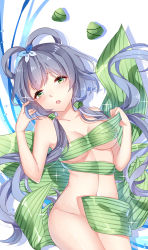 Rule 34 | 1girl, absurdres, bad id, bad pixiv id, breasts, chuor (chuochuoi), cleavage, green eyes, green ribbon, grey hair, hair ornament, highres, long hair, looking at viewer, luo tianyi, medium breasts, ribbon, solo, striped ribbon, thighhighs, tongue, underwear, vocaloid