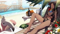 Rule 34 | 1girl, warrior of light (ff14), beach, black hair, bottle, breasts, breasts apart, chair, cluseller, colored inner hair, cup, dark-skinned female, dark skin, day, drinking, drinking glass, drinking straw, drinking straw in mouth, final fantasy, final fantasy xiv, food, fruit, ice bucket, long hair, looking at viewer, lounge chair, lying, medium breasts, multicolored hair, on back, one-piece swimsuit, orange (fruit), orange eyes, outdoors, slit pupils, solo, swimsuit, tropical drink, watermelon