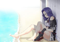 Rule 34 | 1girl, barefoot, black gloves, boots, unworn boots, breasts, closed mouth, day, unworn footwear, from side, gloves, june (ne z asa), kantai collection, large breasts, looking away, looking down, medium hair, ocean, outdoors, painttool sai, purple hair, sitting, skirt, smile, solo, tatsuta (kancolle), tatsuta kai ni (kancolle), thighs, white skirt