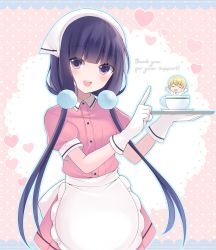 Rule 34 | 1girl, :d, absurdres, apron, black hair, blend s, blunt bangs, blush, cowboy shot, cup, dress, gloves, highres, holding, holding plate, index finger raised, long hair, looking at viewer, low twintails, maid, miniskirt, open mouth, pink dress, pink skirt, plate, purple eyes, sakuranomiya maika, shiratoriko, short sleeves, skirt, smile, solo, standing, teacup, twintails, very long hair, waist apron, white apron, white gloves