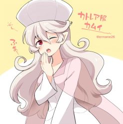 Rule 34 | 1girl, caitlin (pokemon), caitlin (pokemon) (cosplay), corrin (female) (fire emblem), corrin (fire emblem), cosplay, creatures (company), dress, eromame, fire emblem, fire emblem fates, game freak, hat, long hair, long sleeves, nintendo, one eye closed, open mouth, pointy ears, pokemon, pokemon bw, red eyes, simple background, solo, twitter username, upper body, white hair, white hat