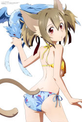Rule 34 | 1girl, :o, absurdres, animal ears, aqua inc., ass, bare shoulders, bikini, blue bikini, blush, breasts, brown hair, cat ears, cat girl, cat tail, cleaned, dragon, floral print, hair between eyes, hair ribbon, halterneck, highres, looking back, magazine scan, medium hair, multiple tails, official art, one eye closed, pina (sao), red eyes, ribbon, scan, short twintails, side-tie bikini bottom, sidelocks, silica, silica (sao-alo), simple background, small breasts, swimsuit, sword art online, tail, twintails, two tails, white background, yellow bikini