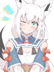 Rule 34 | 1girl, ahoge, animal ears, bare shoulders, blush, braid, clothing cutout, commentary request, cosplay, eihire, fox ears, fox girl, fox tail, green eyes, highres, hololive, looking at viewer, one eye closed, red ribbon, ribbon, shirakami fubuki, shiranui flare, shiranui flare (cosplay), shiranui flare (old design), shoulder cutout, smile, solo, tail, tassel, virtual youtuber, white hair