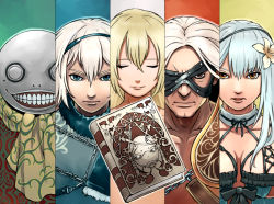 Rule 34 | blonde hair, book, breasts, closed mouth, commentary request, dress, emil (nier), flower, grimoire weiss, hasegawa (morebeer), highres, kaine (nier), looking at viewer, multiple boys, multiple girls, nier, nier (father), nier (series), nier (brother), nude, scarf, short hair, white hair, yonah