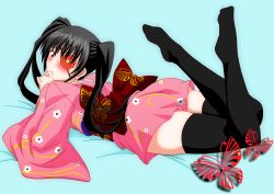Rule 34 | 1girl, ass, bandages, bed, black hair, black thighhighs, blush, bug, butterfly, eyepatch, feet, flower eyepatch, gintama, highres, insect, japanese clothes, kimono, legs, legs up, lying, obi, on stomach, red eyes, sash, solo, tatsuya (guild plus), thighhighs, twintails, wavy mouth, yagyuu kyuubei
