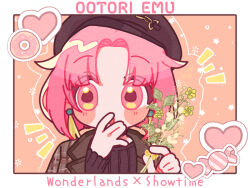 Rule 34 | 1girl, arm out of sleeve, black coat, black hat, black sweater, blush stickers, border, candy, character name, chibi, coat, commentary request, diagonal stripes, doughnut, earrings, flower, flower (symbol), food, framed, hair flaps, hand to own mouth, hat, heart, holding, jewelry, leaf, long sleeves, looking at viewer, no nose, notice lines, ootori emu, open clothes, open coat, outline, outside border, parted hair, parted lips, partial commentary, pink background, pink eyes, pink hair, plaid, plaid coat, project sekai, short hair, solo, stalk, straight-on, striped, sweater, ui (ui 73), upper body, white border, white flower, white outline, x, yellow flower