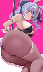 Rule 34 | 1girl, animal ears, arm strap, ass, bare shoulders, black leotard, blue eyes, blue hair, blush, bound, breasts, cuffs, fake animal ears, feet out of frame, hairband, handcuffs, hatsune miku, highres, large breasts, leotard, long hair, looking at viewer, pantyhose, pure pure (rabbit hole), purple pantyhose, rabbit ears, rabbit hole (vocaloid), restrained, smile, solo, teeth, thigh strap, thighs, twintails, vocaloid, white hairband, yasojima nejiro